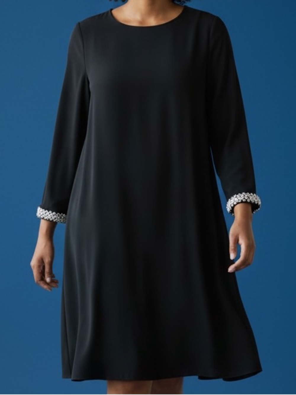 London Times Black Shift Dress with Pearl Jewel-Trim Cuffs